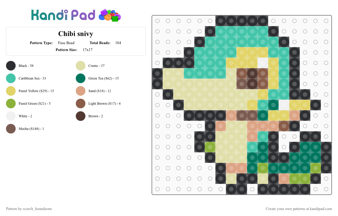 Chibi snivy - Fuse Bead Pattern by scorch_houndoom on Kandi Pad - yellow,teal,snivy,pokemon,starter