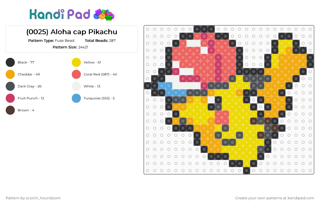 (0025) Aloha cap Pikachu - Fuse Bead Pattern by scorch_houndoom on Kandi Pad - gray,orange,red,yellow,pikachu,pokemon,pokmon sprite,sprite