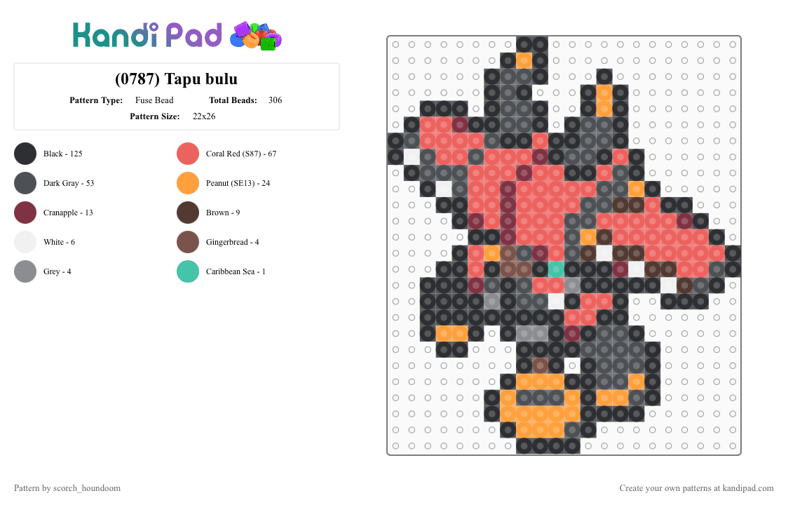 (0787) Tapu bulu - Fuse Bead Pattern by scorch_houndoom on Kandi Pad - gray, pokemon, pokmon sprite, red, sprite, tapu bulu