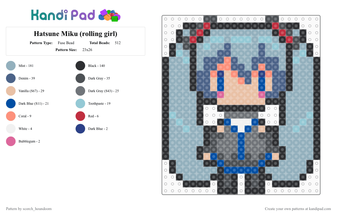 Hatsune Miku (rolling girl) - Fuse Bead Pattern by scorch_houndoom on Kandi Pad - gray,light blue,blue,miku,hatsune miku,miku hatsune,vocaloid