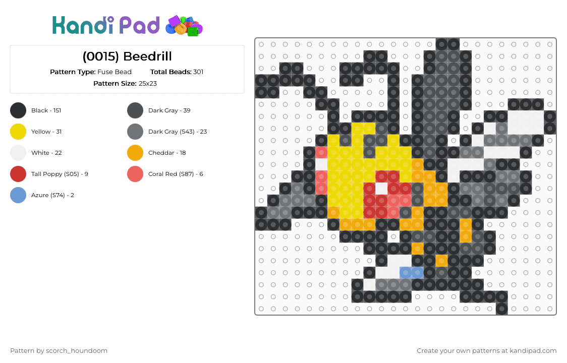 (0015) Beedrill - Fuse Bead Pattern by scorch_houndoom on Kandi Pad - black,gray,yellow,beedrill,pokemon
