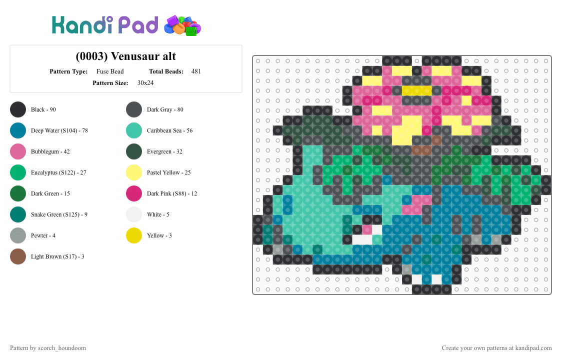 (0003) Venusaur alt - Fuse Bead Pattern by scorch_houndoom on Kandi Pad - gray, pokemon, pokmon sprite, sprite, teal, venusaur