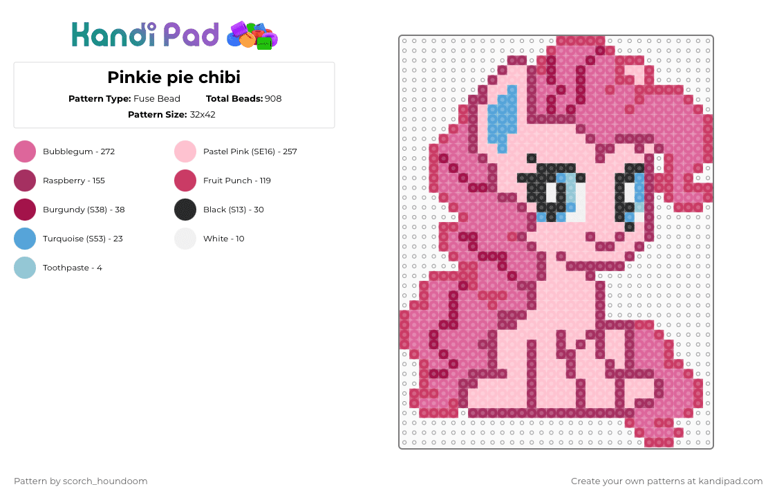 Pinkie pie chibi - Fuse Bead Pattern by scorch_houndoom on Kandi Pad - pink,pinkie pie,pinkie,mlp,my little pony