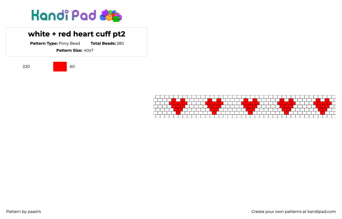 white + red heart cuff pt2 - Pony Bead Pattern by paas14 on Kandi Pad - hearts,love,repeating,valentines,bracelet,cuff,red,white