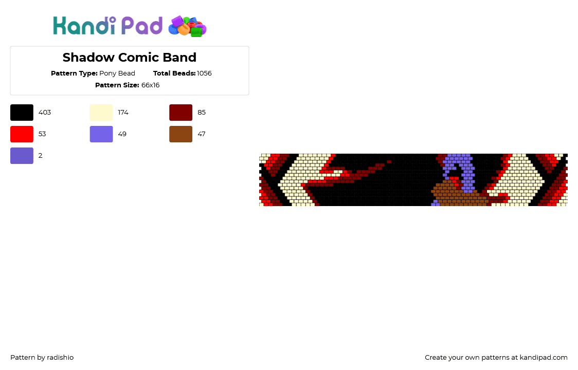 Shadow Comic Band - Pony Bead Pattern by radishio on Kandi Pad - shadow,sonic the hedgehog,sega,video game,cuff,dark,comic,black,beige,red