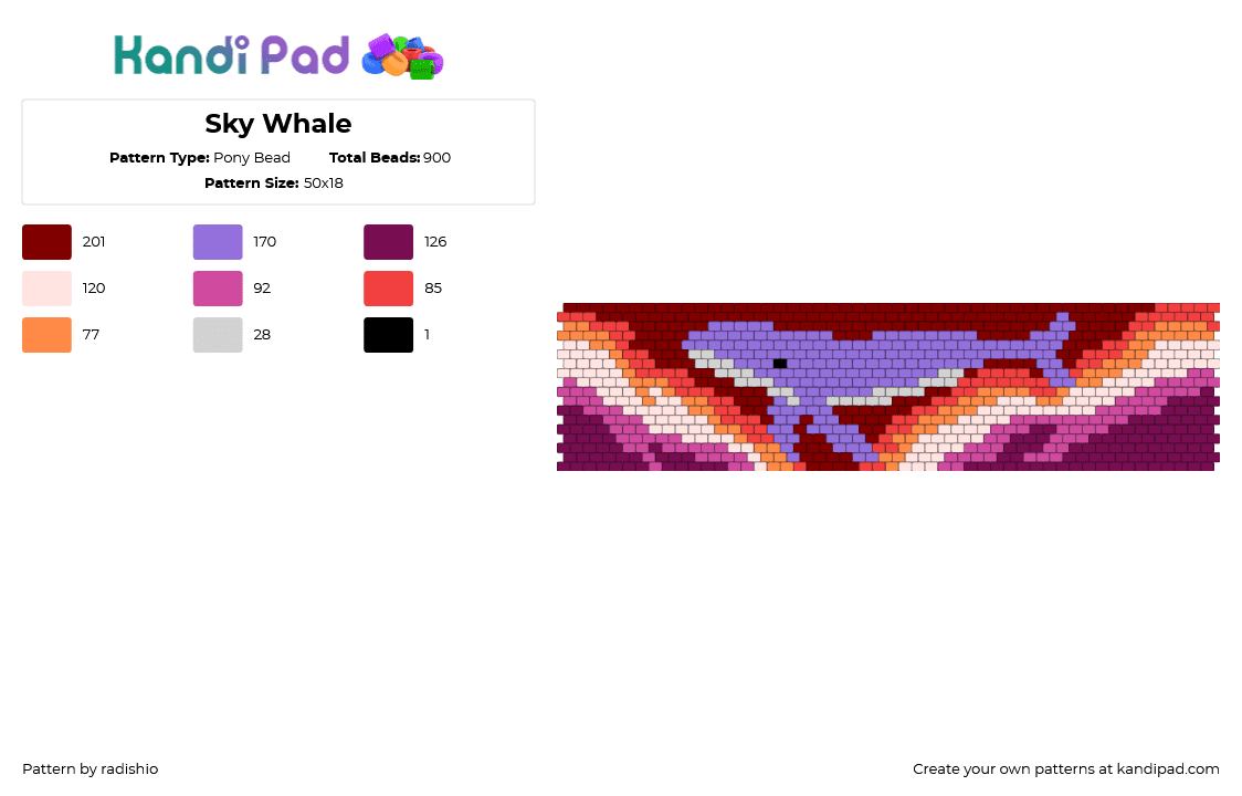 Sky Whale - Pony Bead Pattern by radishio on Kandi Pad - whale,orca,fish,fiery,animal,cuff,pink,orange,purple