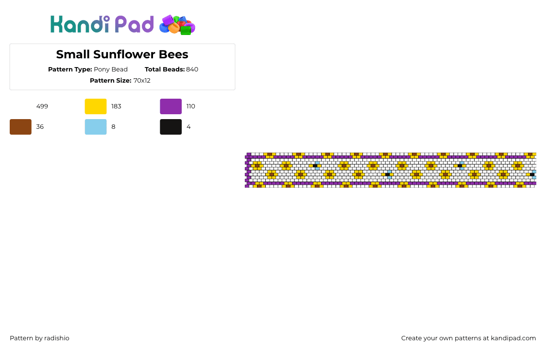 Small Sunflower Bees - Pony Bead Pattern by radishio on Kandi Pad - sunflowers,bees,spring,summer,bracelet,cuff,strap,white,yellow,purple