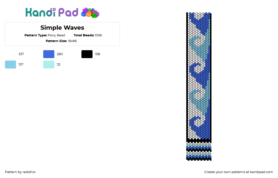 Simple Waves - Pony Bead Pattern by radishio on Kandi Pad - waves,water,strap,panel,cuff,ocean,blue,light blue