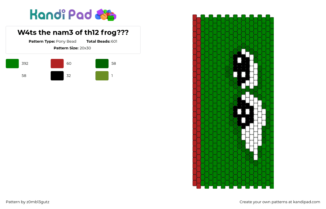 W4ts the nam3 of th12 frog??? - Pony Bead Pattern by z0mb13gutz on Kandi Pad - pepe,meme,frog,eyes,green,white