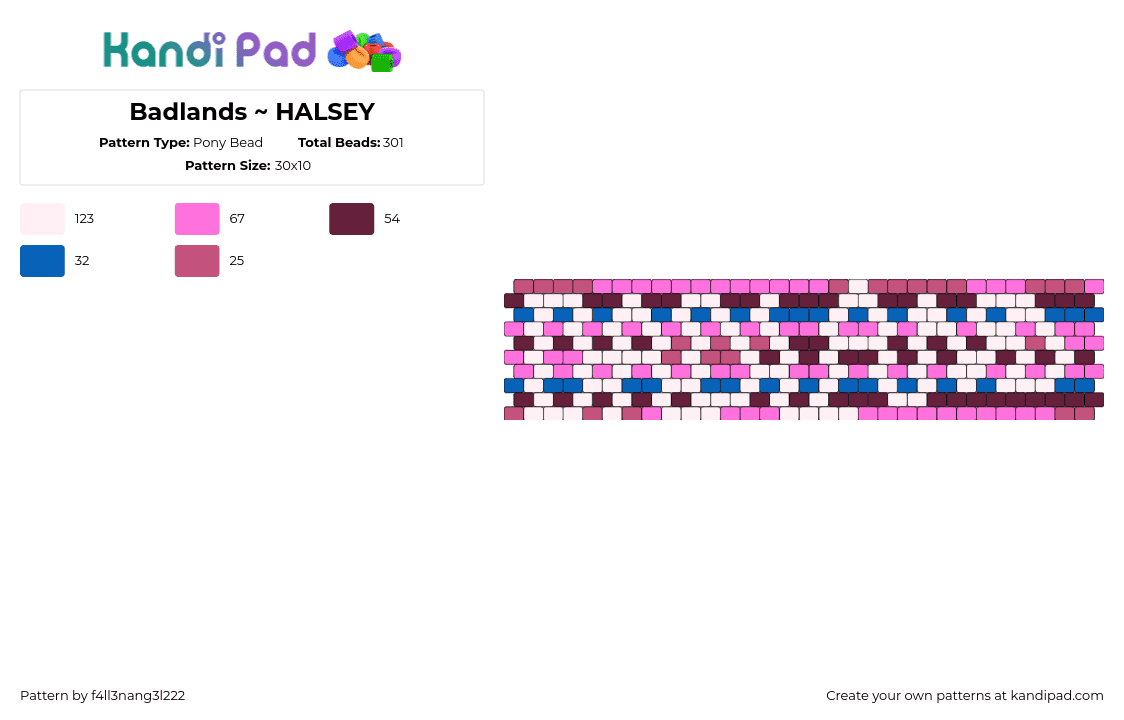 Badlands ~ HALSEY - Pony Bead Pattern by f4ll3nang3l222 on Kandi Pad - radlands,halsey,text,music,cuff,white,pink