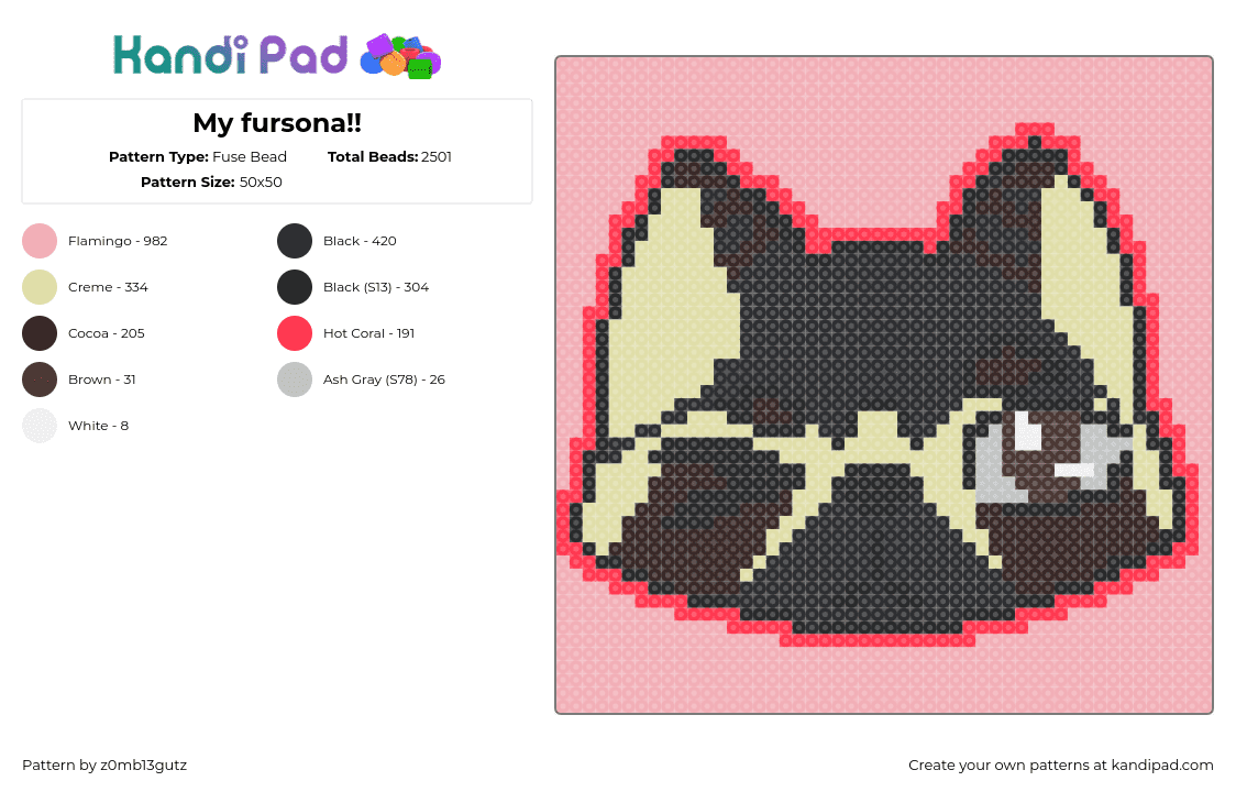 My fursona!! - Fuse Bead Pattern by z0mb13gutz on Kandi Pad - fursona,furry,community,head,animal,panel,pink,black,yellow