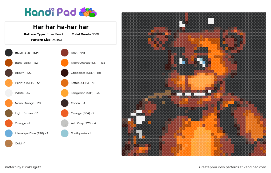 Har har ha-har har - Fuse Bead Pattern by z0mb13gutz on Kandi Pad - freddy fazbear,fnaf,five nights at freddys,video game,horror,orange,brown,black