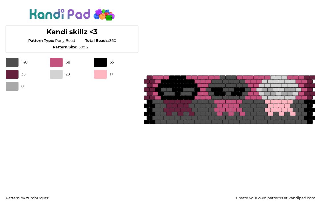 Kandi skullz - Pony Bead Pattern by z0mb13gutz on Kandi Pad - skulls,spooky,cuff,gray,pink