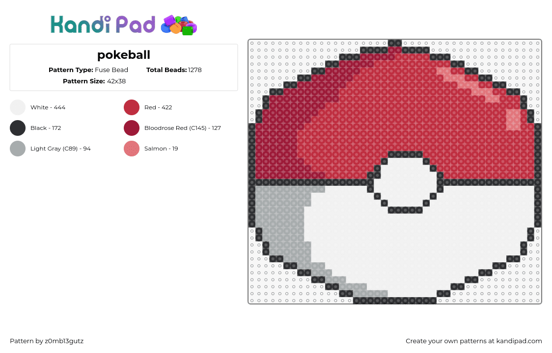 pokeball - Fuse Bead Pattern by z0mb13gutz on Kandi Pad - pokeball,pokemon,gaming,red,white