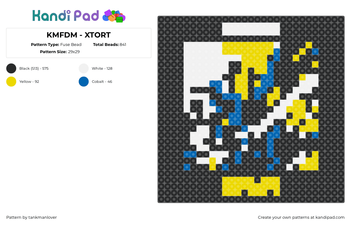 KMFDM - XTORT - Fuse Bead Pattern by tankmanlover on Kandi Pad - xtort,kmfdm,album,music,band,black,yellow,white