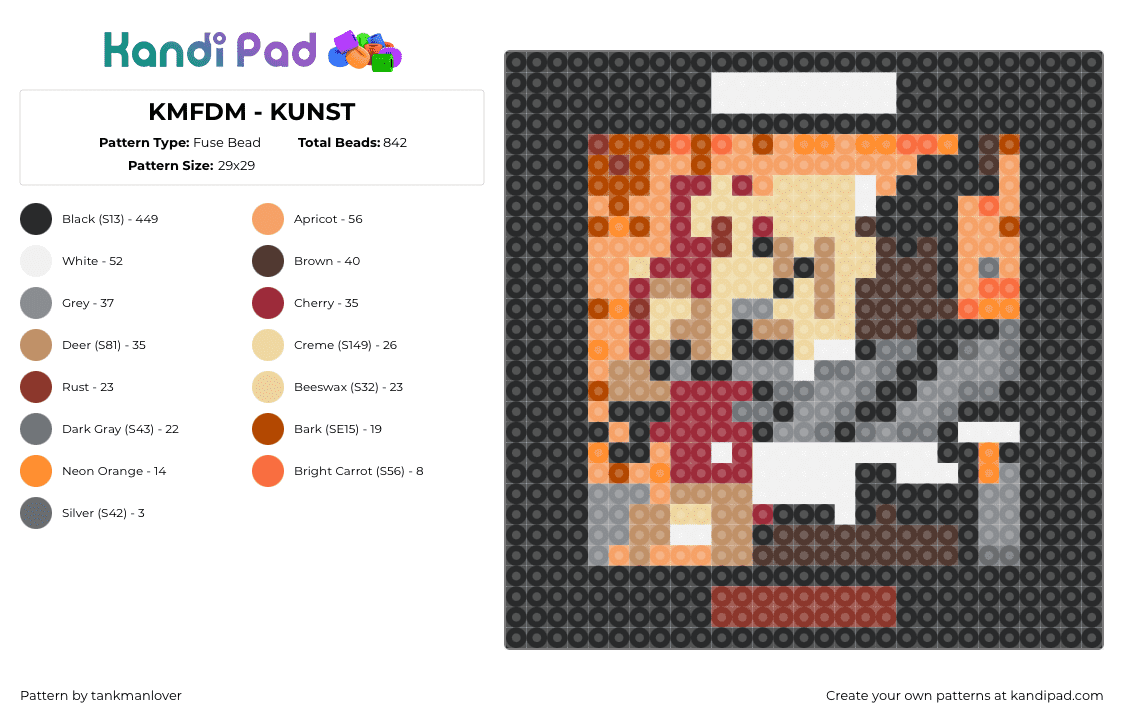 KMFDM - KUNST - Fuse Bead Pattern by tankmanlover on Kandi Pad - kunst,kmfdm,album,music,band,black,orange