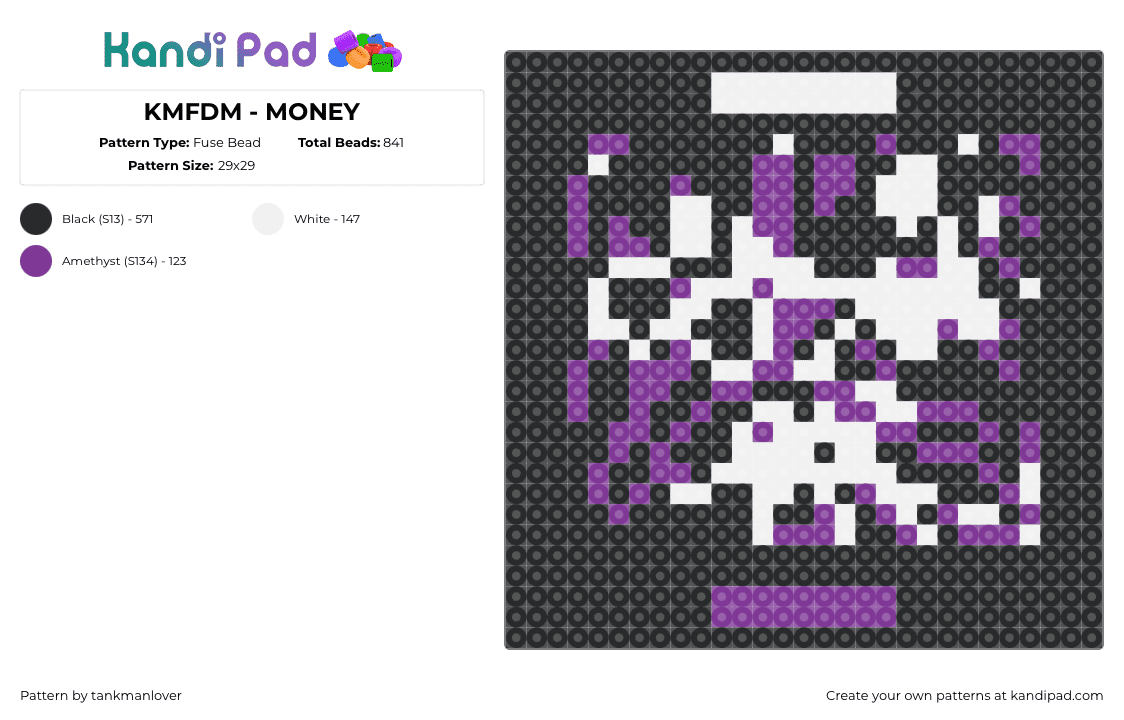 KMFDM - MONEY - Fuse Bead Pattern by tankmanlover on Kandi Pad - money,kmfdm,album,music,band,black,purple,white