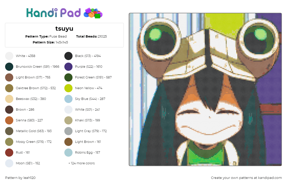 tsuyu - Fuse Bead Pattern by leah120 on Kandi Pad - tsuyu asui,mha,my hero academia,character,anime,green,beige