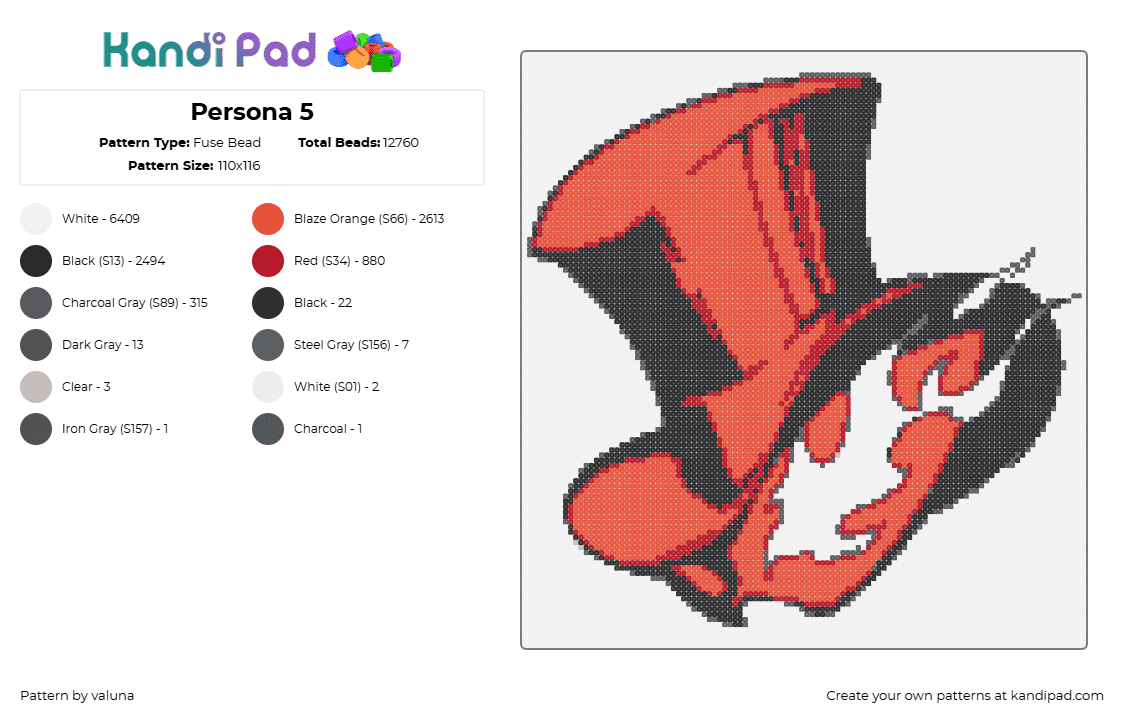 Persona 5 - Fuse Bead Pattern by valuna on Kandi Pad - persona 5,top hat,video game,red,black