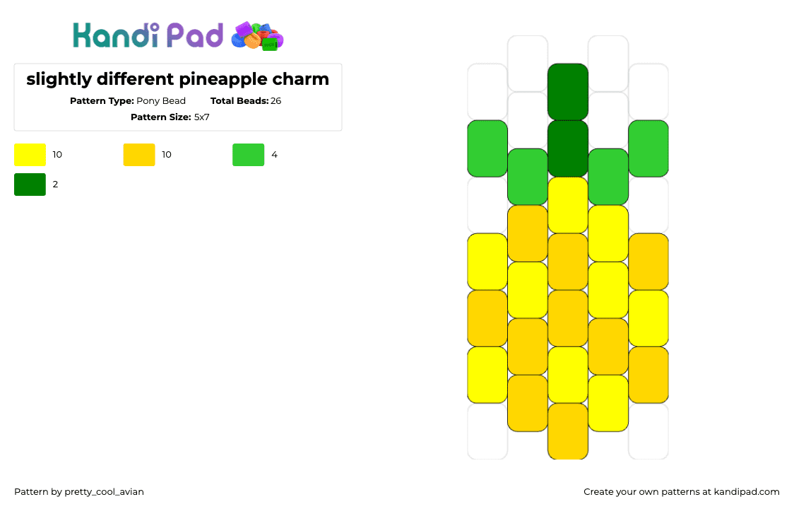 slightly different pineapple charm - Pony Bead Pattern by pretty_cool_avian on Kandi Pad - pineapple,fruit,tropical,charm,simple,yellow,green