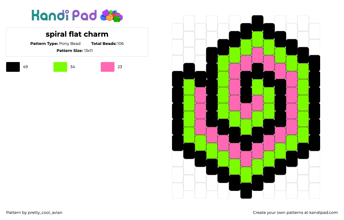 spiral flat charm - Pony Bead Pattern by pretty_cool_avian on Kandi Pad - spiral,scene,swirl,black,green,pink