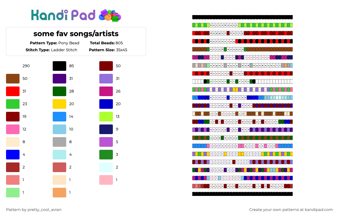 some fav songs/artists - Pony Bead Pattern by pretty_cool_avian on Kandi Pad - music,songs,artists,white,purple,red,pink,colorful