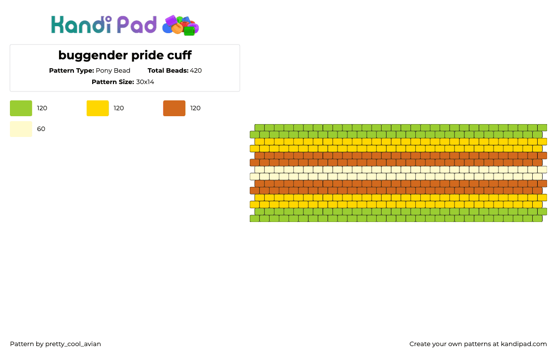 buggender pride cuff - Pony Bead Pattern by pretty_cool_avian on Kandi Pad - buggender,pride,horizontal,stripes,earthy,cuff,green,yellow,tan