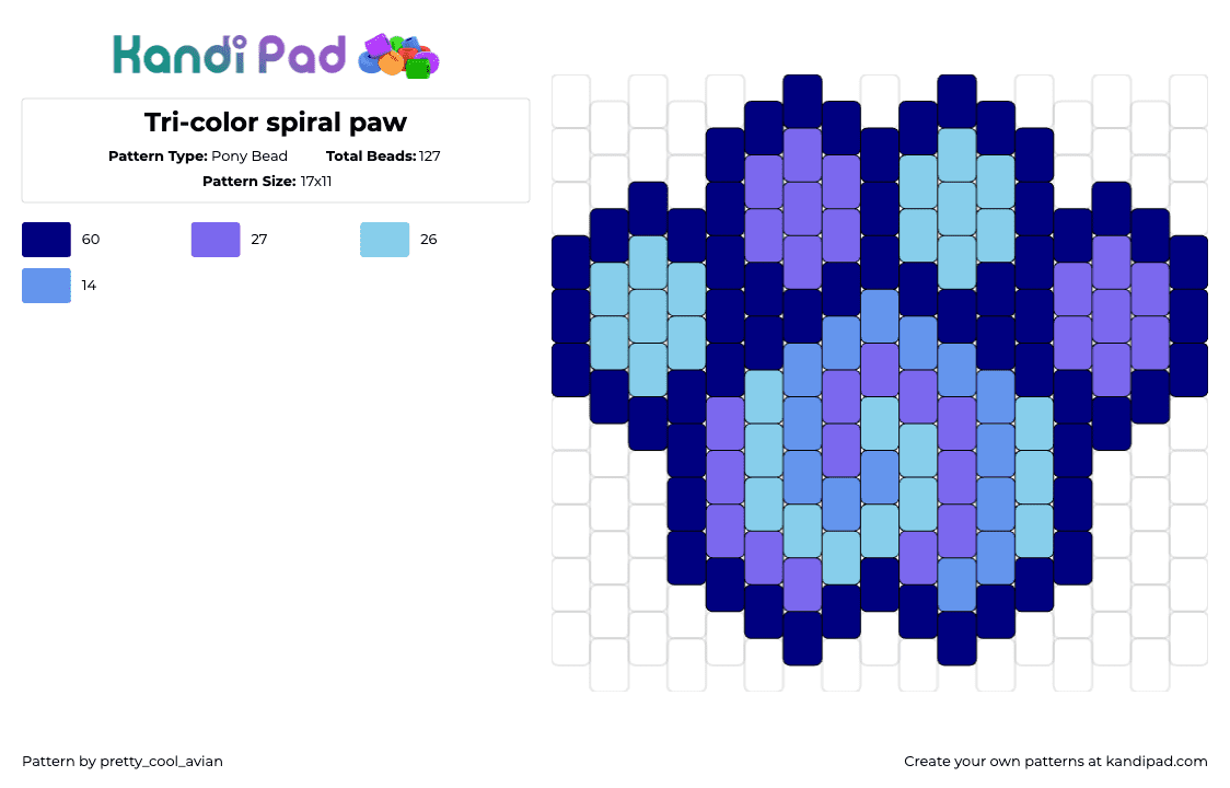 Tri-color spiral paw - Pony Bead Pattern by pretty_cool_avian on Kandi Pad - paw,swirl,spiral,animal,blue,purple