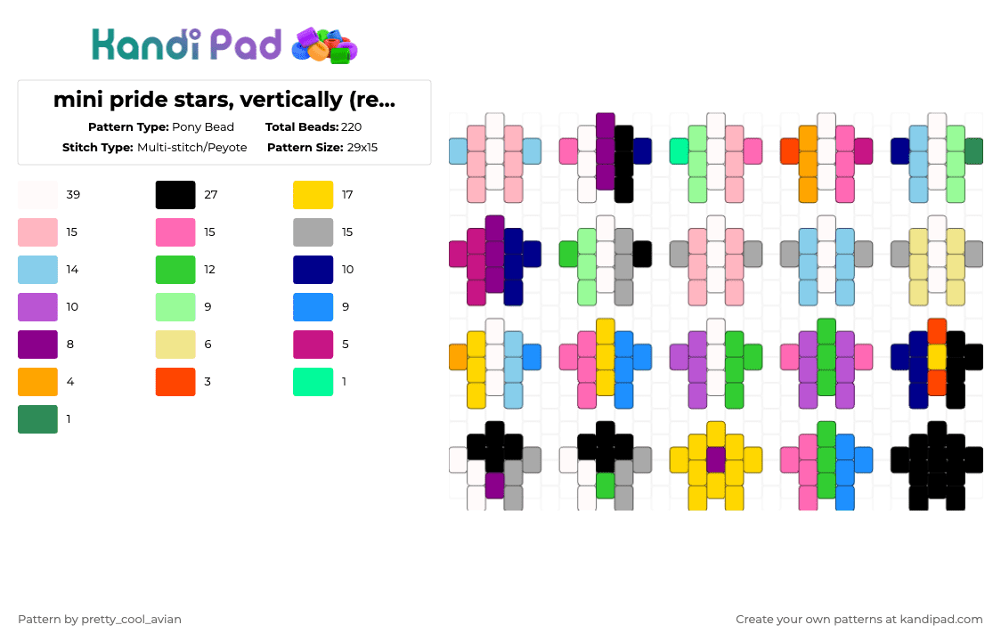 mini pride stars, vertically (req more flags in the comments!) - Pony Bead Pattern by pretty_cool_avian on Kandi Pad - trans,abrosexual,pink,light blue,beige,yellow,pride,queer,lgbtq,lgbt,colorful,simple