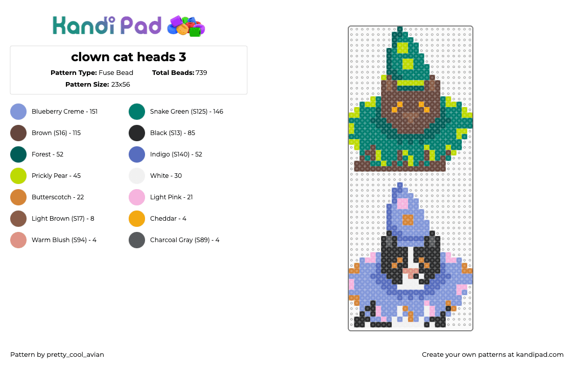 clown cat heads 3 - Fuse Bead Pattern by pretty_cool_avian on Kandi Pad - cats,clowns,party,animals,purple,green,brown