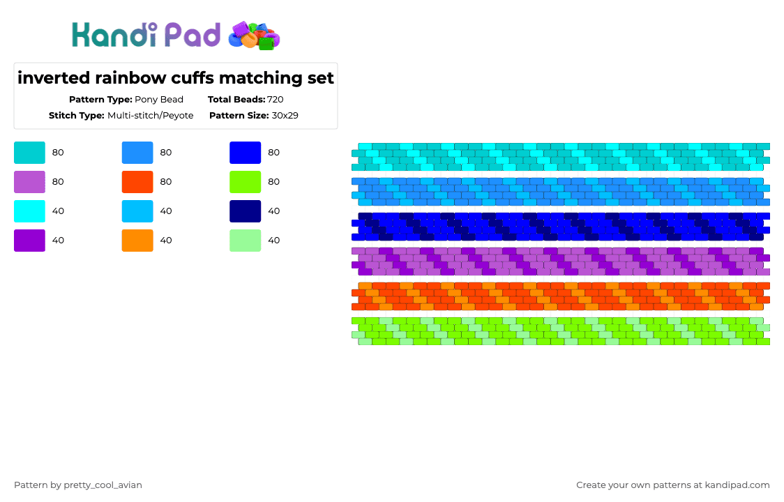 inverted rainbow cuffs matching set - Pony Bead Pattern by pretty_cool_avian on Kandi Pad - light blue,purple,inverted,rainbow,matching