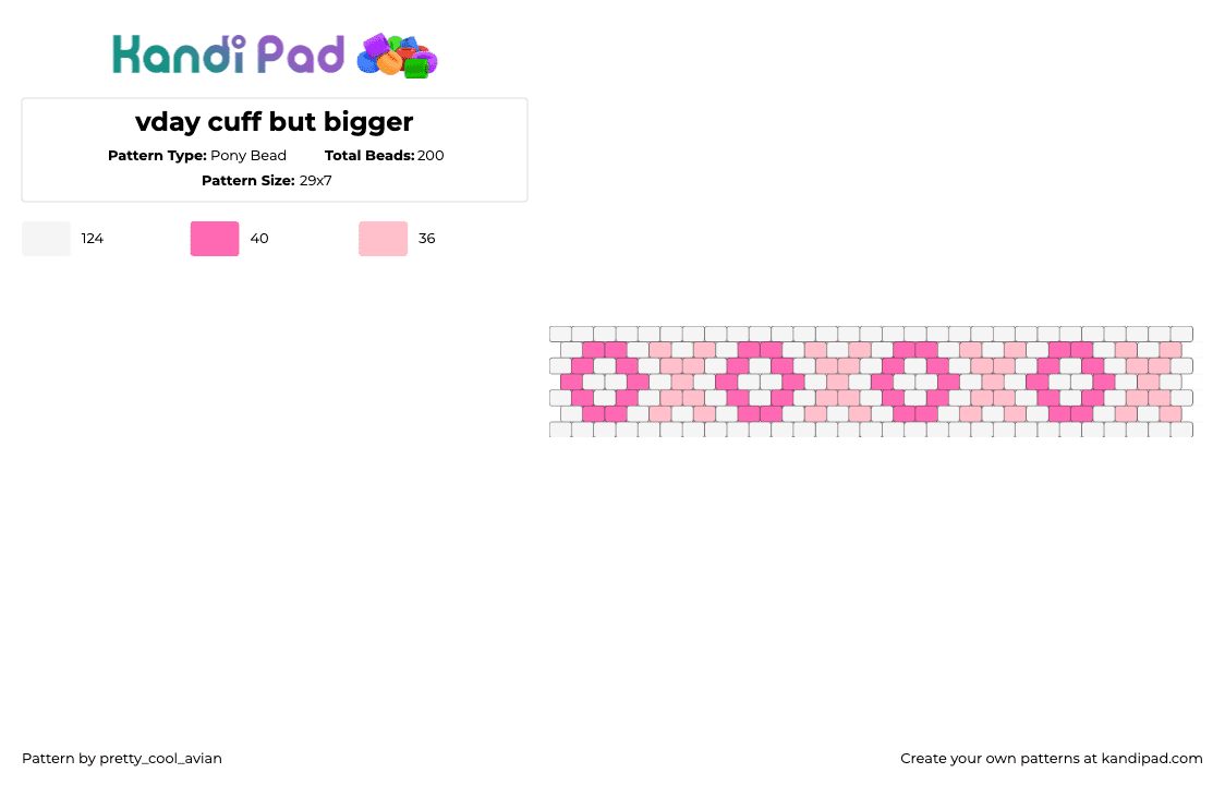 vday cuff but bigger - Pony Bead Pattern by pretty_cool_avian on Kandi Pad - valentines,xoxoxo,hugs and kisses,love,cuff,white,pink