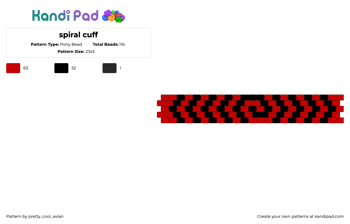 spiral cuff - Pony Bead Pattern by pretty_cool_avian on Kandi Pad - spiral,hypnotic,swirl,cuff,rezz,red,black