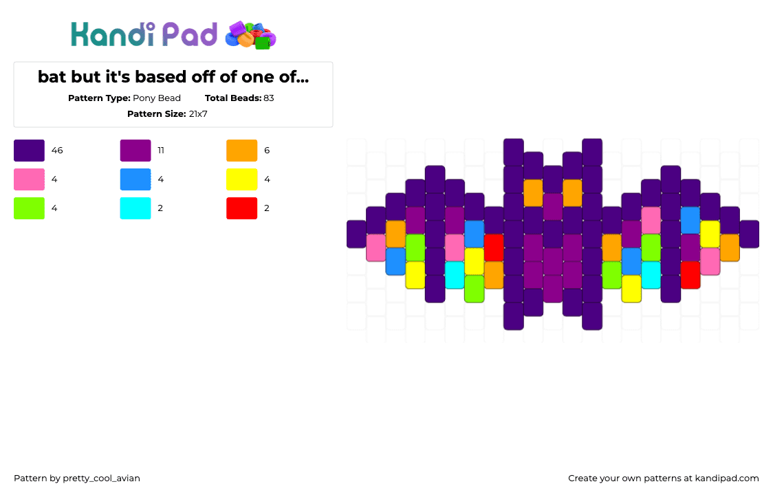 bat but it\'s based off of one of my fursonas - Pony Bead Pattern by pretty_cool_avian on Kandi Pad - bat,winged,spooky,colorful,cute,halloween,charm,purple