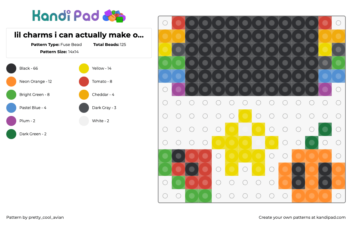 lil charms i can actually make on my very tiny pearler board - Fuse Bead Pattern by pretty_cool_avian on Kandi Pad - charms,simple,pumpkin,watermelon,colorful,star,orange,yellow,red,black