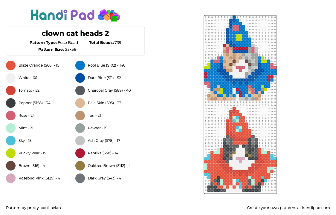 clown cat heads 2 - Fuse Bead Pattern by pretty_cool_avian on Kandi Pad - cats,clowns,party,animals,blue,red