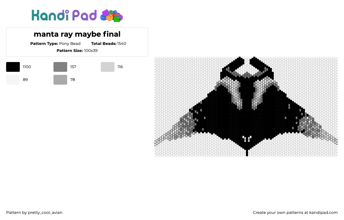 manta ray final - Pony Bead Pattern by pretty_cool_avian on Kandi Pad - manta ray,stingray,fish,animal,grayscale,black