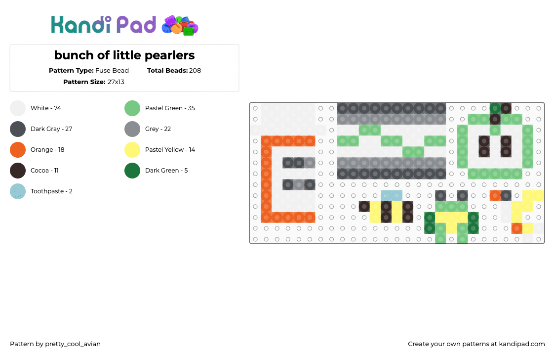 bunch of little pearlers - Fuse Bead Pattern by pretty_cool_avian on Kandi Pad - orange,gray,teal,apple,bird,frog,bee,pill bottle,pride flag,grey