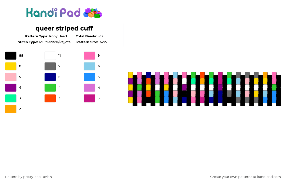 queer striped cuff - Pony Bead Pattern by pretty_cool_avian on Kandi Pad - black,pink,green,yellow,colorful,lgbtq,gay,queer,stripey