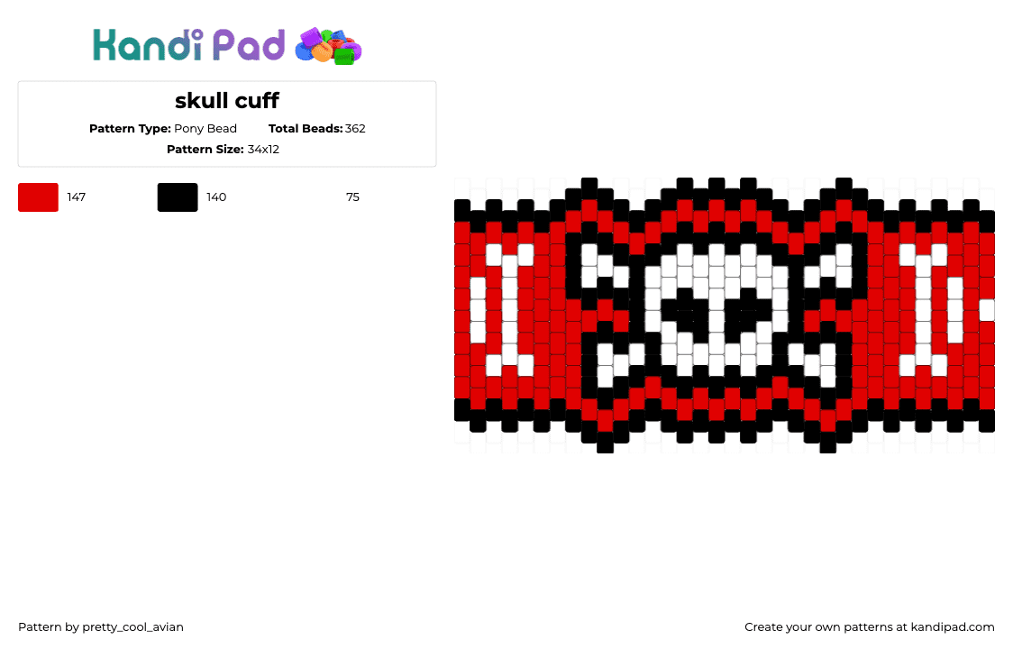 skull cuff - Pony Bead Pattern by pretty_cool_avian on Kandi Pad - skull,crossbones,spooky,halloween,cuff,death,red,white,black