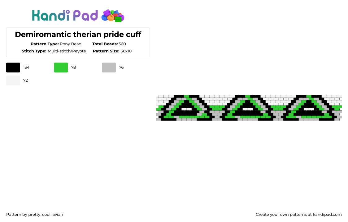 Demiromantic therian pride cuff - Pony Bead Pattern by pretty_cool_avian on Kandi Pad - green,beige,demiromantic,grey,white,black,therain,pride