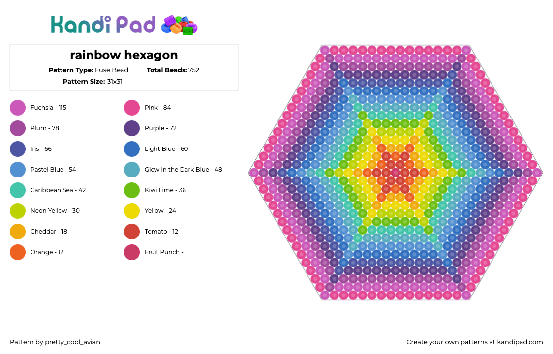 rainbow hexagon - Fuse Bead Pattern by pretty_cool_avian on Kandi Pad - trippy,gradient,hexagon,colorful,geometric,web,rainbow,red,yellow,blue,purple