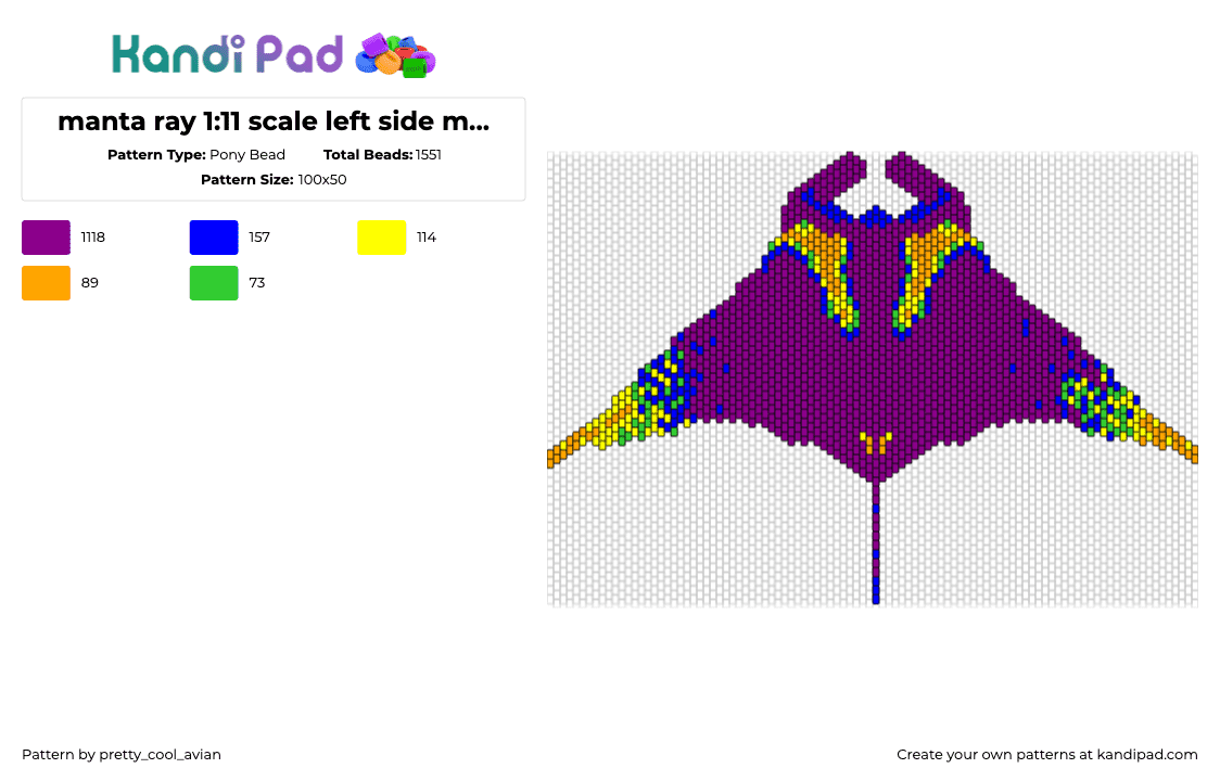 manta ray 1:11 scale saturated - Pony Bead Pattern by pretty_cool_avian on Kandi Pad - manta ray,stingray,fish,colorful,heatmap,animal,purple,orange