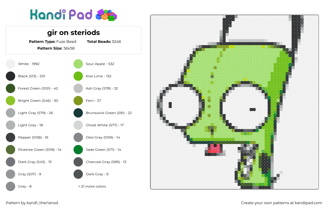 gir on steriods - Fuse Bead Pattern by kand1_ther1anxd on Kandi Pad - gir,invader zim,costume,cartoon,character,tv show,tongue,derpy,silly,eyes,green,white