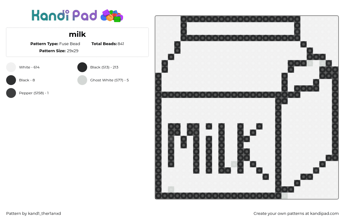 milk - Fuse Bead Pattern by kand1_ther1anxd on Kandi Pad - milk,carton,drink,lunch,white,black