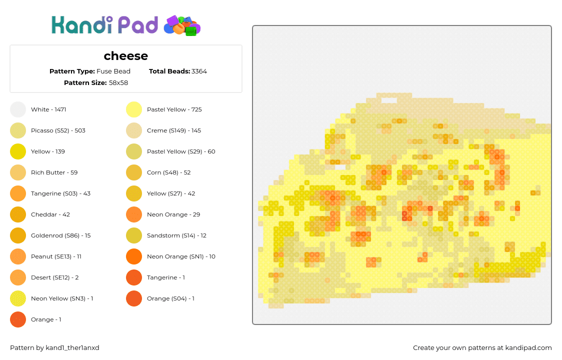 cheese - Fuse Bead Pattern by kand1_ther1anxd on Kandi Pad - cheese,swiss,food,dairy,yellow