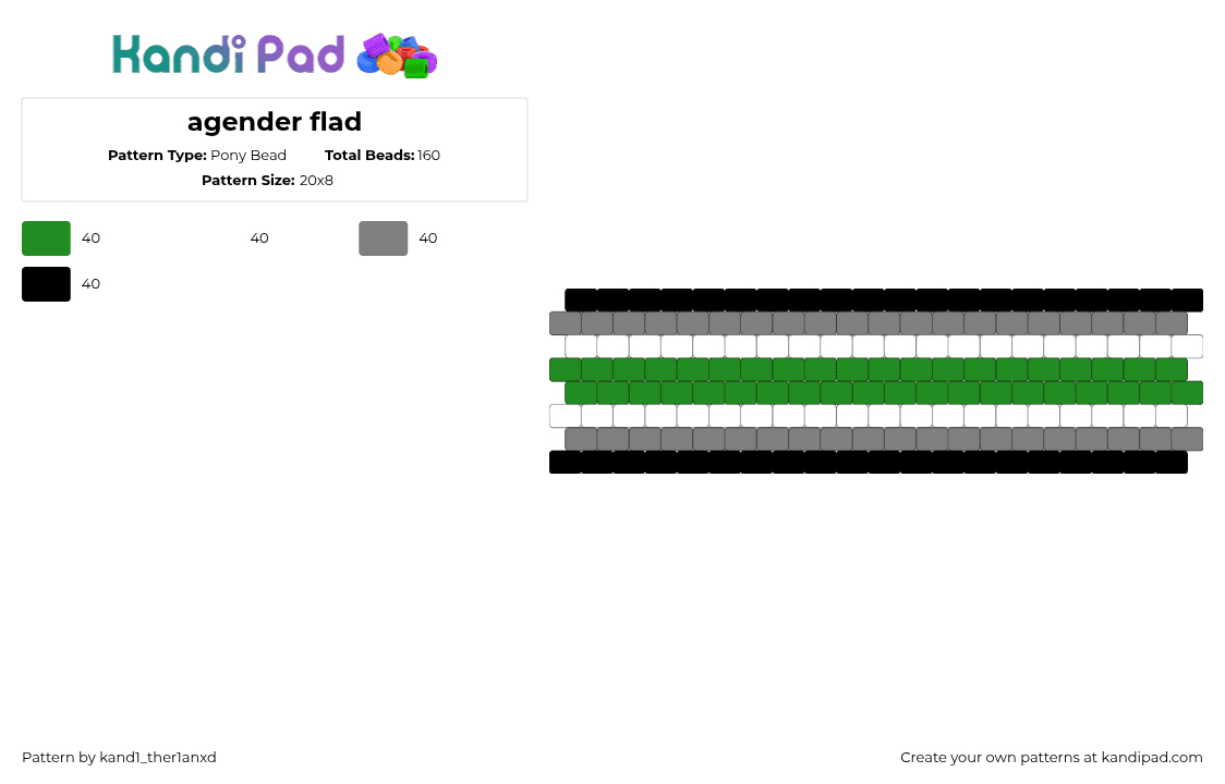 agender flad - Pony Bead Pattern by kand1_ther1anxd on Kandi Pad - agender,pride,cuff,green,white,gray