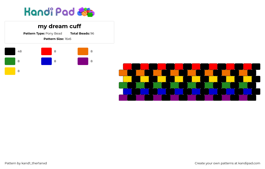 my dream cuff - Pony Bead Pattern by kand1_ther1anxd on Kandi Pad - rainbow,stripes,dark,cuff,black