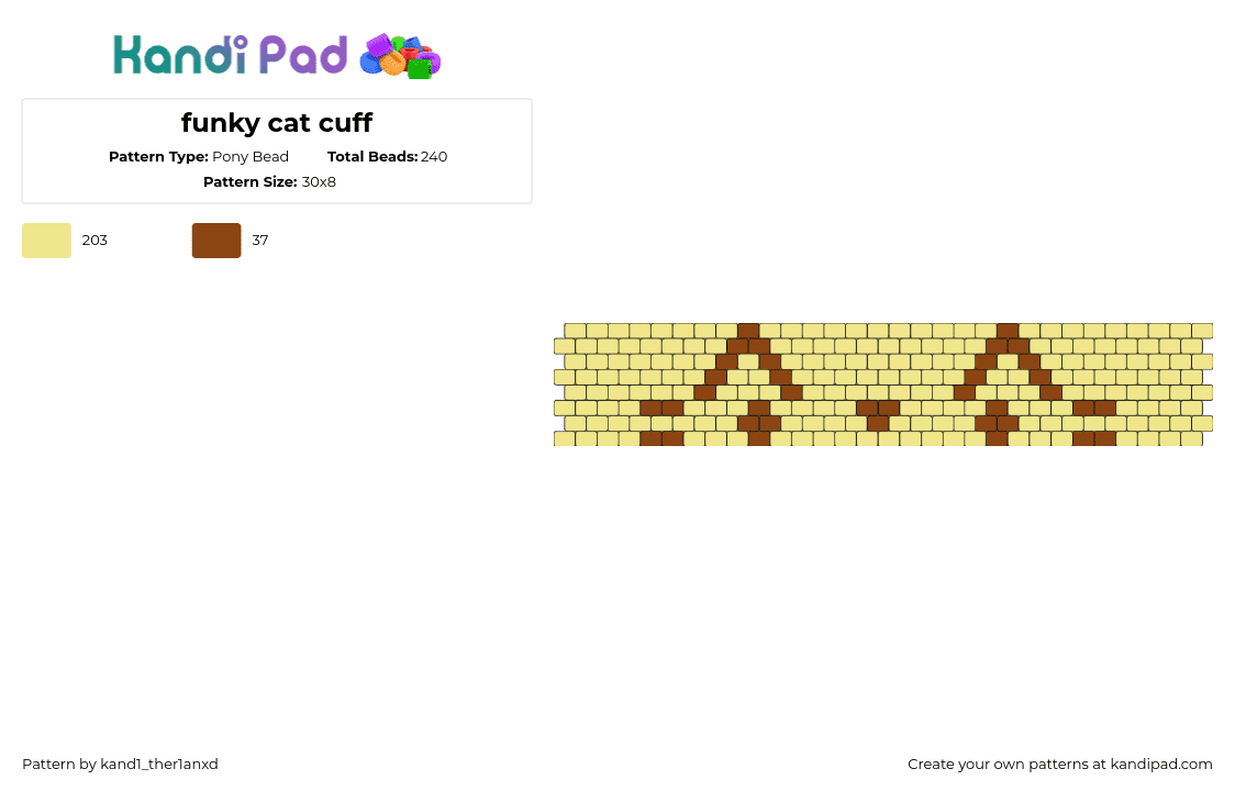 funky cat cuff - Pony Bead Pattern by kand1_ther1anxd on Kandi Pad - cat,emoticon,cuff,animal,simple,yellow,brown