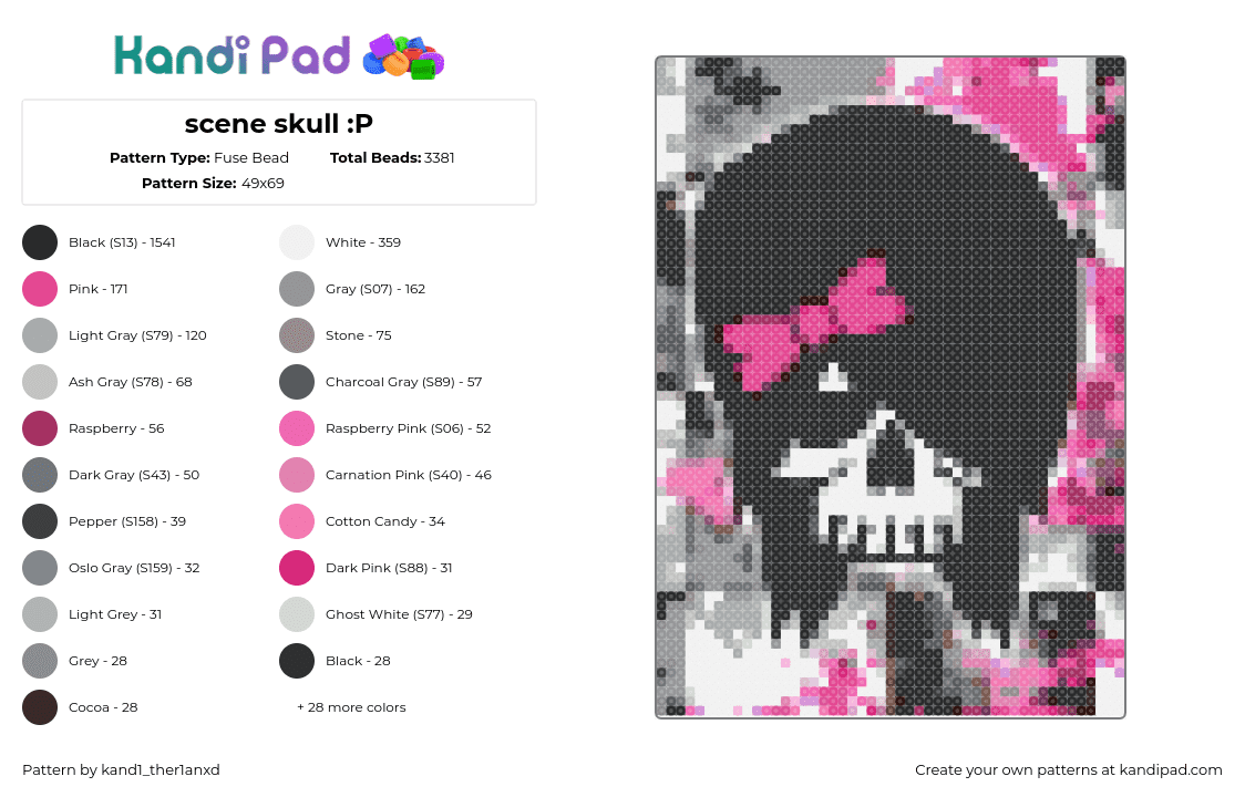 scene skull :P - Fuse Bead Pattern by kand1_ther1anxd on Kandi Pad - skull,scene,emo,bow,black,pink